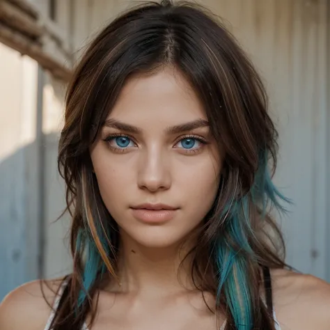 light blue eyes, hair with colored highlights, slightly dark skin, South American origins 