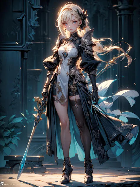 Design a layout showcase Gaming character, (1girl). Golden+Purle clothes, stylish and unique, ((showcase weapon:1.4)), magic staff, (masterpiece:1.2), (best quality), 4k, ultra-detailed, (Step by step design, layout art:1.5), (luminous lighting, atmospheri...