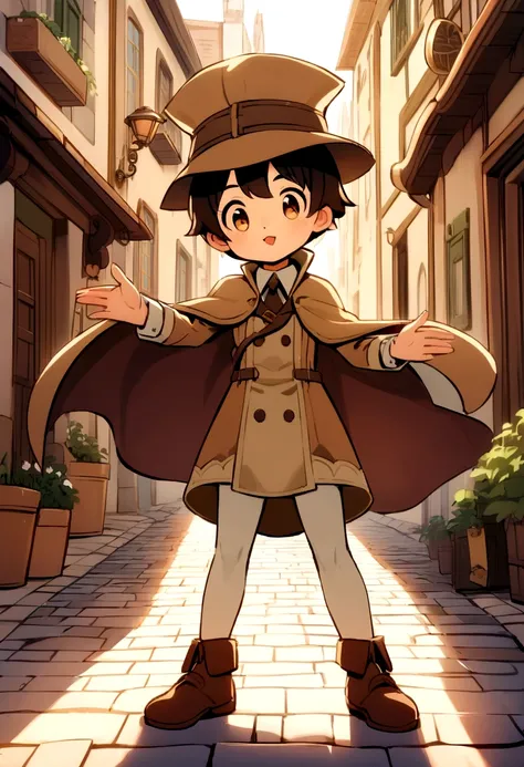 A cute and confident cat dressed as a detective, wearing a brown detective hat and a small cape. The cat is standing proudly in front of a sign that reads "Detective Agency". The background is a vintage-style street with cobblestone pavement and charming o...