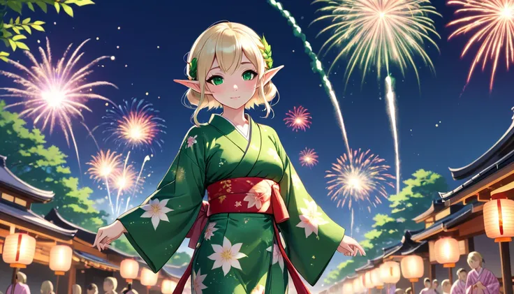 Adult female elf wearing a Japanese yukata　Full body image、Warm Light、Japanese animation style、　cute、Standing posture、Japanese summer festival background、firework、Blonde、Emerald green eyes、
