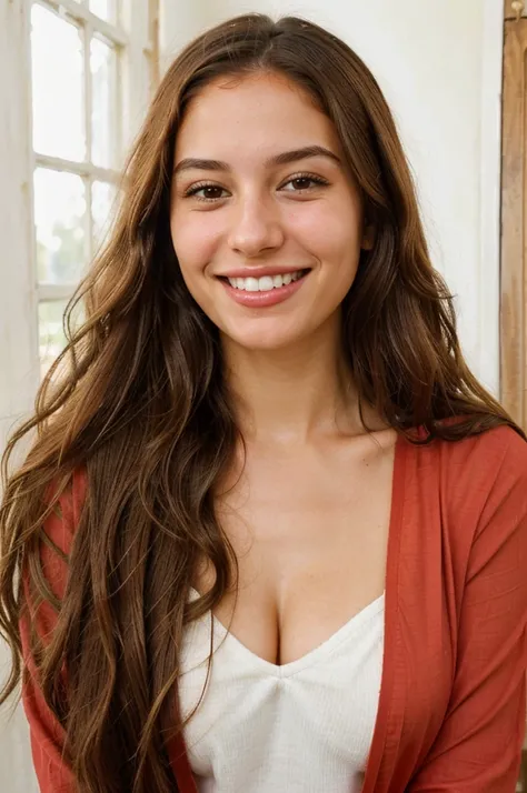 a photo-realistic portrait of a beautiful Palestinian woman with long brown hair, light red shirt, white teeth, and a cute smile, with highly detailed and realistic facial features, modest expression, and realistic white skin tone