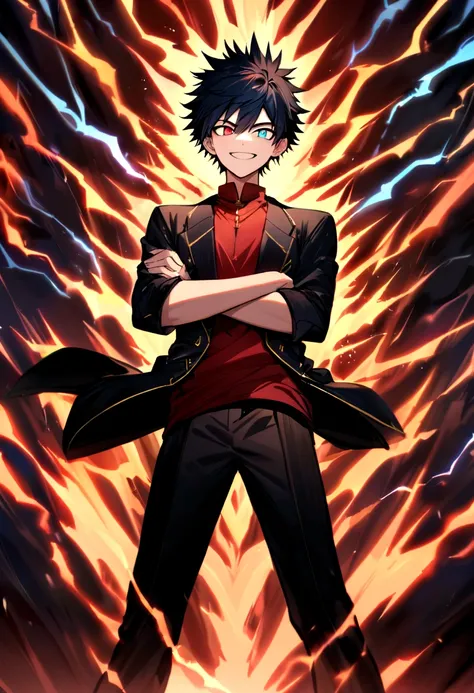 Teenage boy, crossed arms, big spiky black hair with blue highlights, dark blue and brown heterochromatic eye, smile of excitement, dark red shirt with wing details, black jacket with light blue details, black pants with yellow details, red sneakers with b...