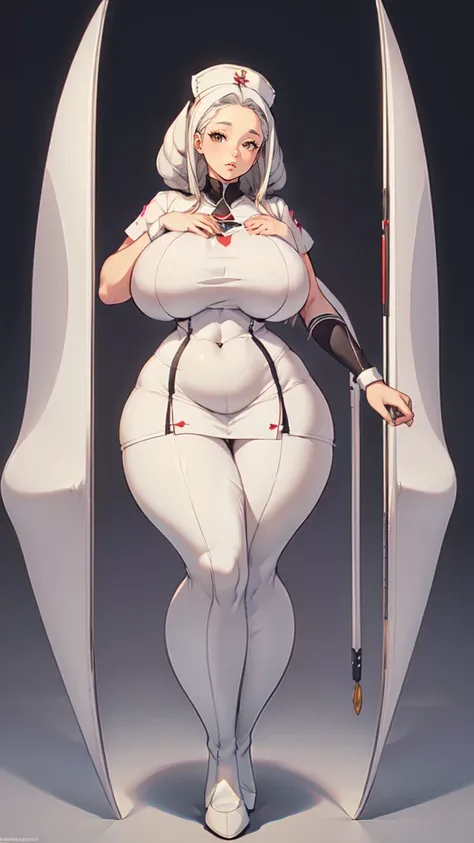 ((blank background)), masterpiece, best quality, silver hair, (curvy:1.7), (massive breast:1.5), ((full body framing)), (long legs:1.6), symmetry, nurse woman, nurse uniform
nurse cap, short skirt