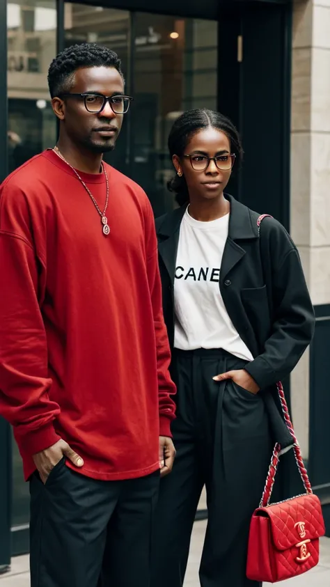  with red over-the-shoulder Chanel hair who wears glasses and baggy clothes and a dark-skinned male friend who wears glasses, with everyday clothes, Theyre together