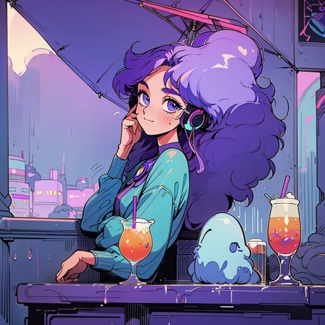 masterpiece, City Pop Style, Purple Hair, Permed long hair Wearing headphones, Shoulder length, alone, Futuristic, still, praise, Retro, Vintage, Ghost, A light smile, 
Drinking cocktails at a jazz bar, (( Wide Shot)), ((Wet day))4K