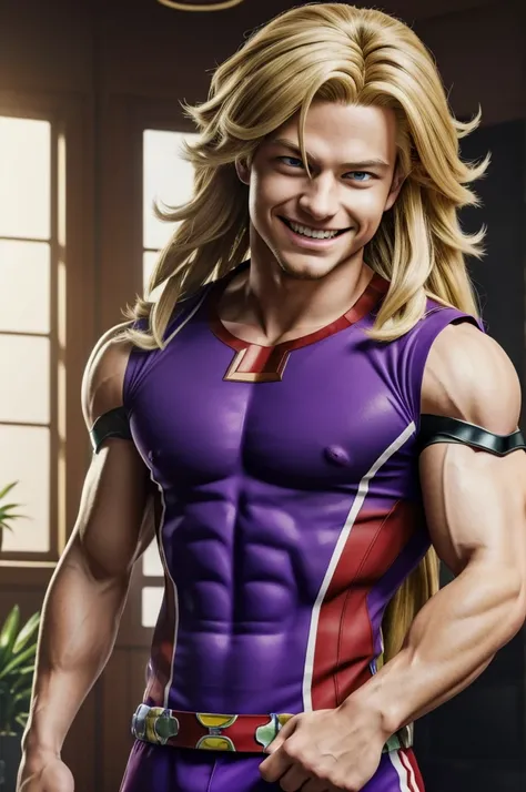 ((Best Quality)), ((Masterpiece)), (detailed),(my hero academia wallpaper in the living room) 1 blonde boy with not so long hair with attractive big-haired violet eyes with some muscles on his arms and a snake on his neck (serious ), (smiling)