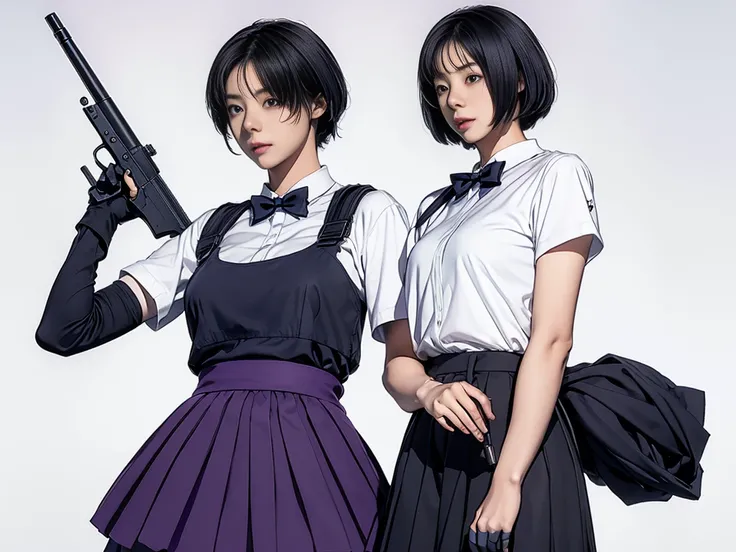 Elaizaikedareal, 1girl, solo, short hair, skirt, shirt, gloves, white background, bow, holding, , purple eyes, white shirt, weapon, purple hair, pleated skirt, shoes, black gloves, socks, bowtie, holding weapon, gun, sneakers, holding gun, armband, rifle, ...