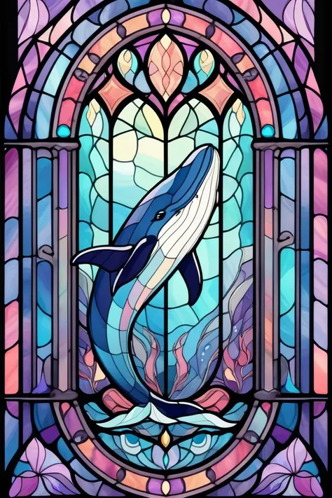 2d stained glass soft,pastel colors,whale in window frame. dungeons and dragons art. symmetrical design, in the style of stained...