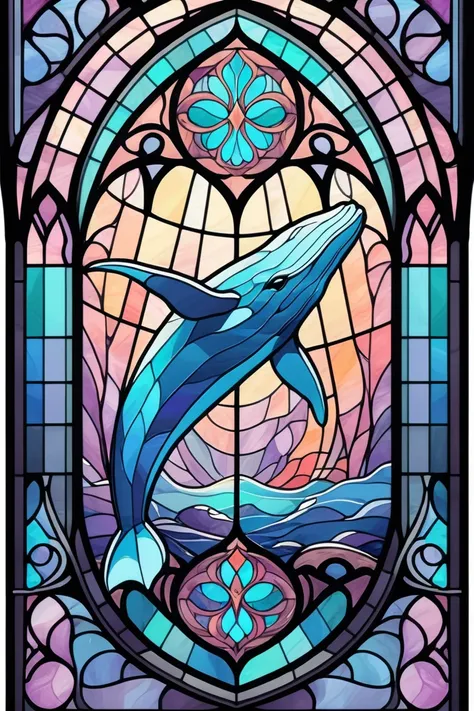 2d stained glass soft,pastel colors,whale in window frame. dungeons and dragons art. symmetrical design, in the style of stained...