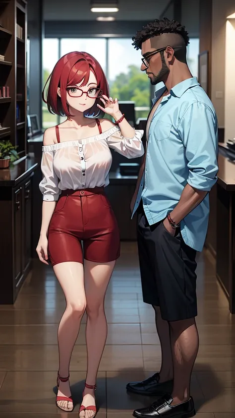 Woman with red over-the-shoulder bob hair who wears glasses with loose blouse and shorts and a dark-skinned man friend who wears glasses, with everyday clothes, Theyre together