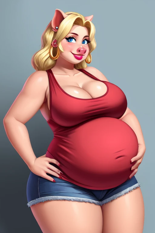 Blonde pig woman, wearing a red tank top, perfect face, blue eyes, big breasts, cleavage, big belly, three-quarter view, solo, smile, perfect detailed body, pink lipstick, gold earring, hand on hips, blushing