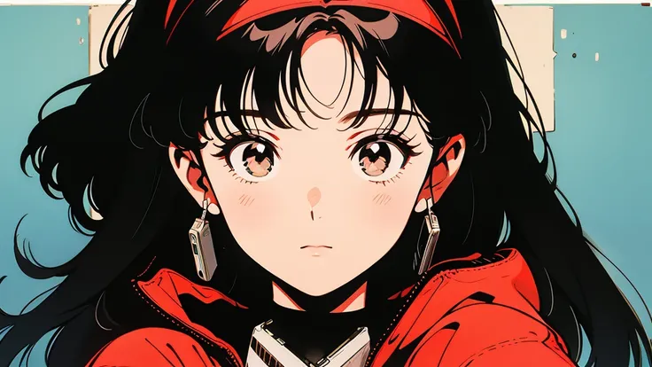 Photo of an anime-style girl holding a cassette tape. The girl has big eyes, Black Hair, Wearing a red hairband. Cassette tape is red、She holds it up in front of her face. The background is simple、The focus is on the girl and the cassette tape.、Tobacco.