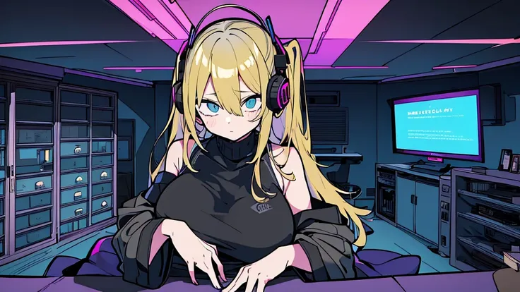 Best quality, (masterpiece:1.2), best detail face, 1 girl, big breasts, 18 yo, 8k,absurdres,unity 8k wall paper,(extremely detailed:1.3), highest realistic, (simple headphones:1.1), (soft neon light:1.1), (floating hair:1.2), (psychedelic:1.2), Her room fu...