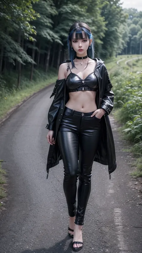 Image of a 20 year old gothic girl (standing_stop) full body(that can be seen from head to toe), blue hair (with bangs combed to the right and short in a bright and strong blue tone), Perfect face, pale skin, Masterpiece, GOOD, Leather Clothes (navel that ...