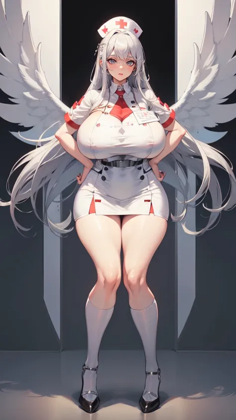 ((blank background)), masterpiece, best quality, silver hair, (massive breast:1.5), ((full body framing)), symmetry, nurse woman...