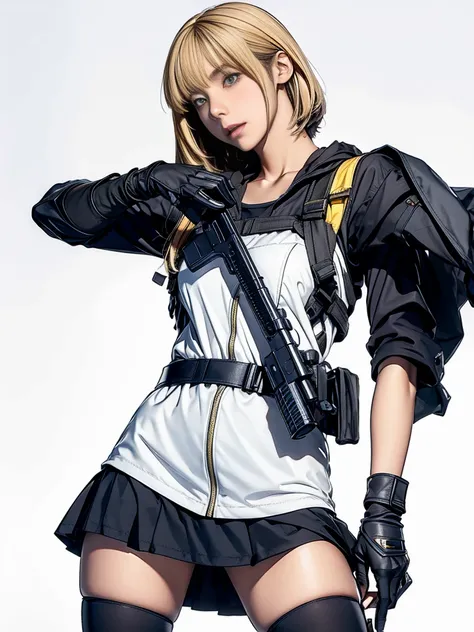 Elaizaikedareal, 1girl, solo, open mouth, skirt, blonde hair, simple background, thighhighs, gloves, white background, holding, , yellow eyes, weapon, teeth, holding weapon, gun, sharp teeth, holding gun, rifle, assault rifle, holster, trigger discipline, ...