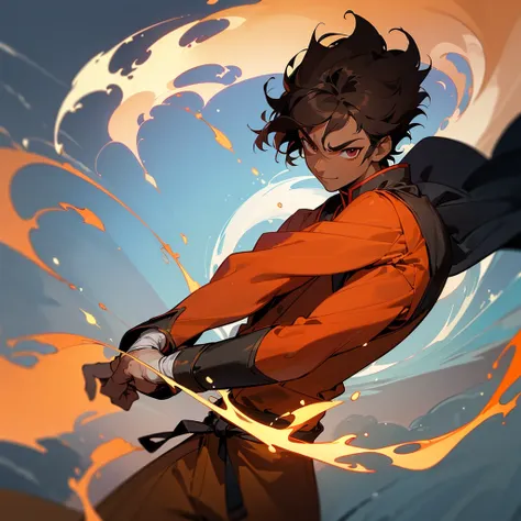 ((best qualityer)), ((work of art)), (detailded), 18 year old boy with dark brown curly hair, darkskin, ssmile, power of fire, anime avatar, 8k resolution, zuko fire nation clothes, a boy&#39;s avatar, gold eyes, burn scars all over the face, close up, fir...