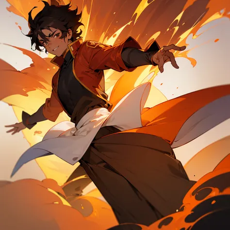 ((best qualityer)), ((work of art)), (detailded), 18 year old boy with dark brown curly hair, darkskin, ssmile, power of fire, anime avatar, 8k resolution, zuko fire nation clothes, a boy&#39;s avatar, gold eyes, burn scars all over the face, close up, fir...