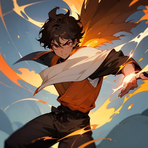 ((best qualityer)), ((work of art)), (detailded), 18 year old boy with dark brown curly hair, darkskin, ssmile, power of fire, anime avatar, 8k resolution, zuko fire nation clothes, a boy&#39;s avatar, gold eyes, burn scars all over the face, close up, fir...