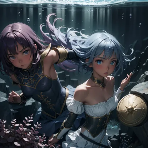 最high quality、high quality、Simple Cloth Armor、１０Year-old girl adventurer、Pitch-dark underground labyrinth、No light、skirt、Equipped with a dagger and a shield, Upper body above water、Lower body underwater, Underwater photography、浮力でskirt捲れる