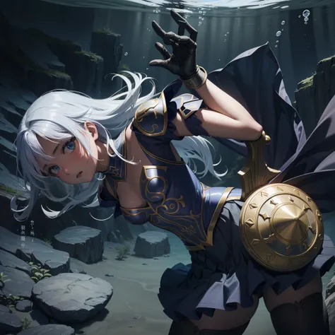 最high quality、high quality、Simple Cloth Armor、１０Year-old girl adventurer、Pitch-dark underground labyrinth、No light、skirt、Equipped with a dagger and a shield, Upper body above water、Lower body underwater, Underwater photography、浮力でskirt捲れる