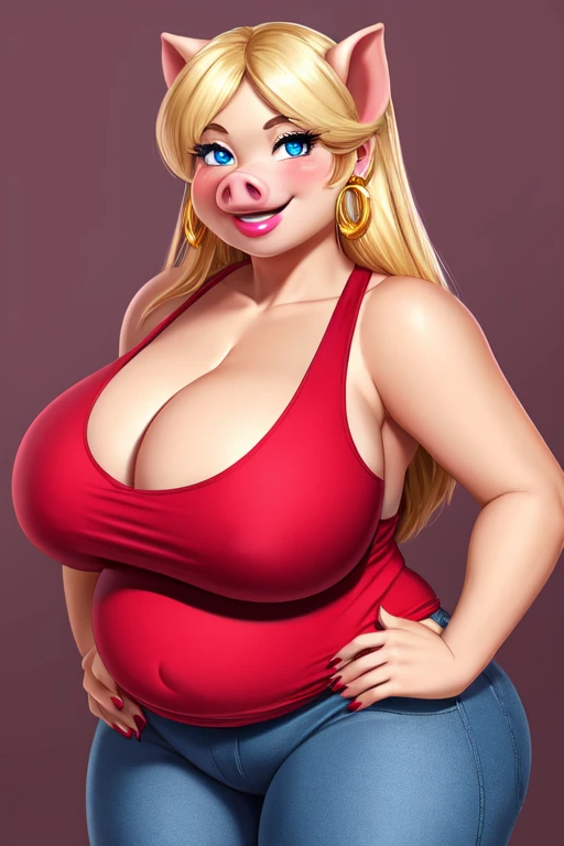 Blonde pig woman, wearing a red tank top, perfect face, blue eyes, big breasts, cleavage, big belly, three-quarter view, solo, smile, perfect detailed body, pink lipstick, gold earring, hand on hips, blushing