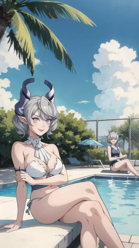 　3 girls High level image quality　best image quality　8K　 adult woman    pool party  rain　palm trees  more colors   whole body view　portrait　mix color bikini   　horn    ears  　short hair（（shortcut）（gray hair）（perm）（fluffy））　eye color is blue ,  , 　attractiv...