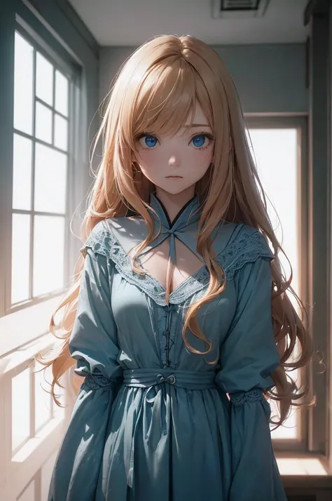 ((1 Female, 1 person, Solitary) Alice,  Humanity, Long curly blond hair, blue eyes, freckle, teenager, 18 years, Rebirth_ongoing) (Main Part, Super detailed, 8K, (HD, Sunlight:0.5, Soft_shadow:0.5, atmosphere_light, 8K, 4K, Surrealism, elegant, ((((Appeara...