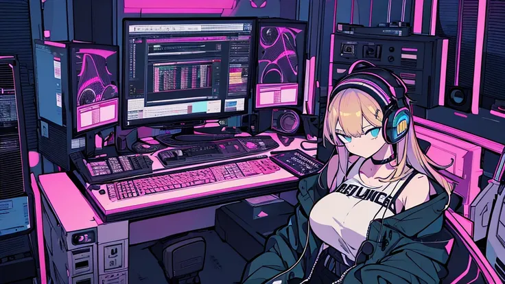 Best quality, (masterpiece:1.2), best detail face, 1 girl, big breasts, 18 yo, 8k,absurdres,unity 8k wall paper,(extremely detailed:1.3), highest realistic, (simple headphones:1.1), (soft neon light:1.1), (floating hair:1.2), (psychedelic:1.2), Her room fu...