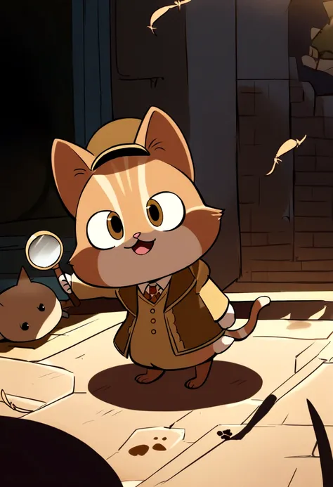 Mike, the determined detective cat, is carefully examining the ground with a magnifying glass. The close-up shows Mikes focused expression, with soft brown fur and the brown detective hat slightly askew. The scene is in a dimly lit corner of a street, with...