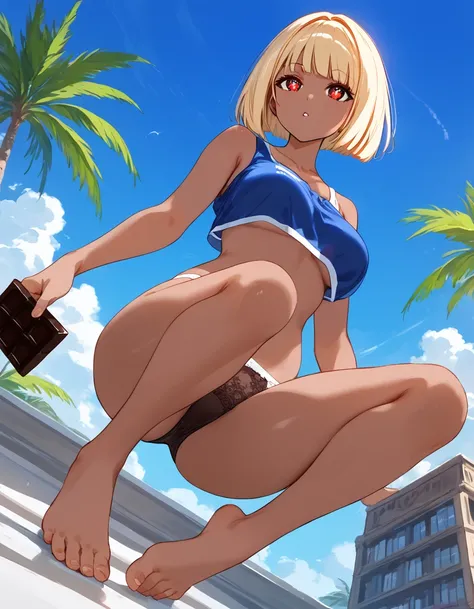 Masterpiece, highest quality, high definition, full body, girl alone, low angle, from directly below, looking up from the feet to the head, blonde hair, bob cut, red eyes, sparkling eyes, ruby eyes, tanned skin, chocolate brown skin, dark skin, underwear, ...