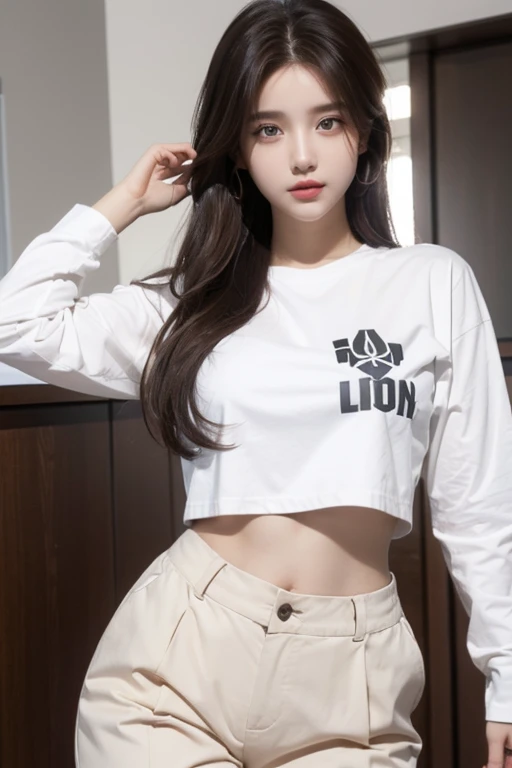 A girl with prefect body logo brown hair white shot shirt and shot pant logo lage pretty eyes 