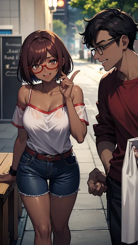 Woman with red over-the-shoulder bob hair wearing glasses with a loose blouse and low-breasted shorts, and a dark-skinned male friend who wears glasses,Scrawny, low hair with everyday clothes, they are together and both laughing