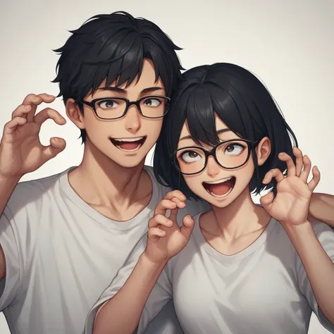 score_9, score_8_up, score_7_up, score_6_up, score_5_up, score_4_up, BREAK source_anime, 1girl, clothed, Red chanel hair above the shoulder, glasses, friends pose, 1boy, Black Boy skin, black hair, Silly face,wearing casual clothes