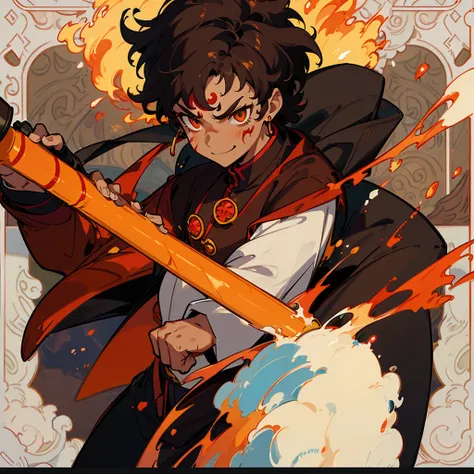 (a detailed 18 year old boy with dark brown curly hair, dark skin, smiling, firepower, anime avatar, 8k resolution, fire nation zuko clothes, avatar the last airbender, golden eyes, severe burn scars across entire face, close up, fire nation noble, black b...