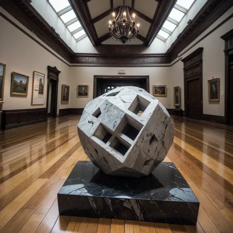 Create a cubist sculpture in volcanic stone exhibited in a museum with a wooden floor