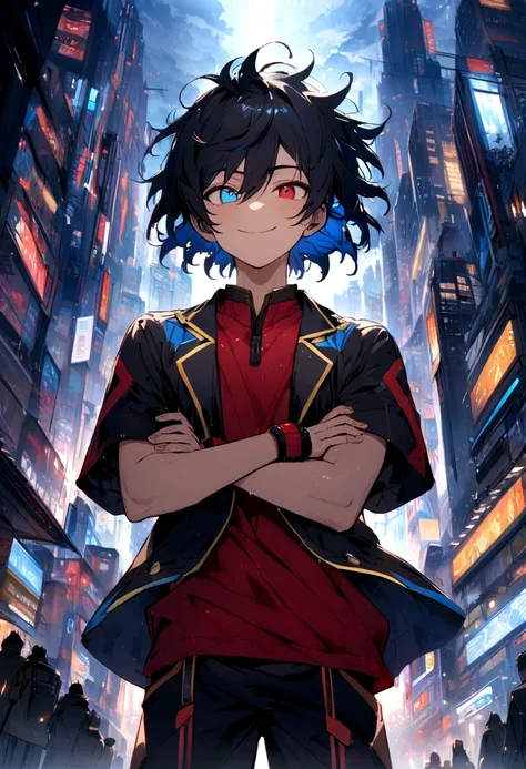 Teenage boy, crossed arms, big spiky black hair with blue highlights, long bangs with more light blue highlights, dark blue and brown heterochromatic eye, smile of excitement, dark red short-sleeved shirt with wing details, Loose black jacket positioned on...