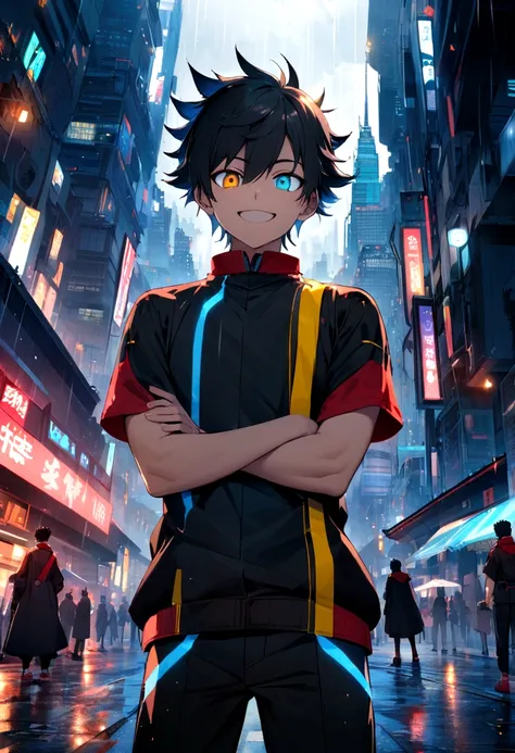 Teenage boy, crossed arms, big spiky black hair with blue highlights, long bangs with more light blue highlights, dark blue and brown heterochromatic eye, smile of excitement, dark red short-sleeved shirt with wing details, Loose black jacket positioned on...