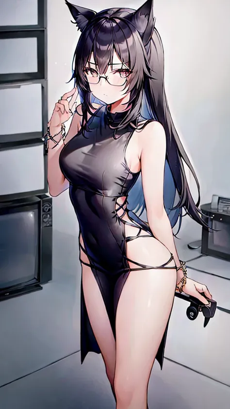 A 20-year-old cat girl with long black hair, gray eyes, cat ears and a cat tail, wears glasses, black  long dresses sexy, sleeveless