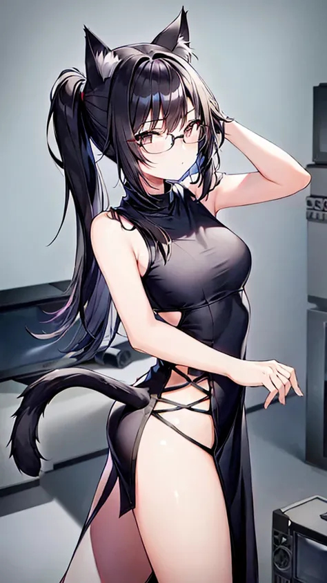 A 20-year-old cat girl with long black hair, gray eyes, cat ears and a cat tail, wears glasses, black  long dresses sexy, sleeveless