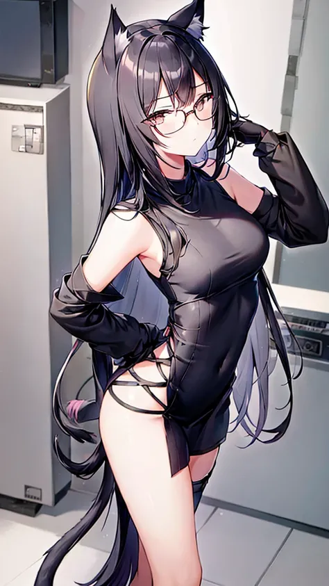 A 20-year-old cat girl with long black hair, gray eyes, cat ears and a cat tail, wears glasses, black  long dresses sexy, sleeveless