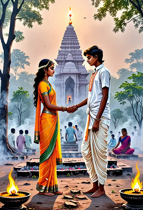 A sad boy holding hand of  transparent beautiful indian goddess girl and they standing over a cremation ground  with a background of mantra in Sanskrit *
