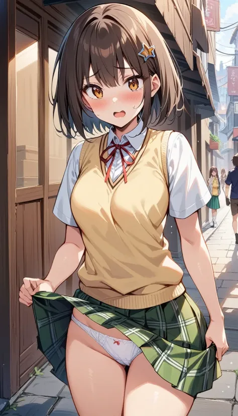 (Masterpiece, Best Quality:1.2), 1 girl, Alone,standing_to divide, Mikan Yuuki, Brown eyes, Brown hair, short hair, surprised face, hair ornament,wide,green plaid skirt, Sainan High , , White shirt, yellow sweater vest, traditional street, panties, wind li...