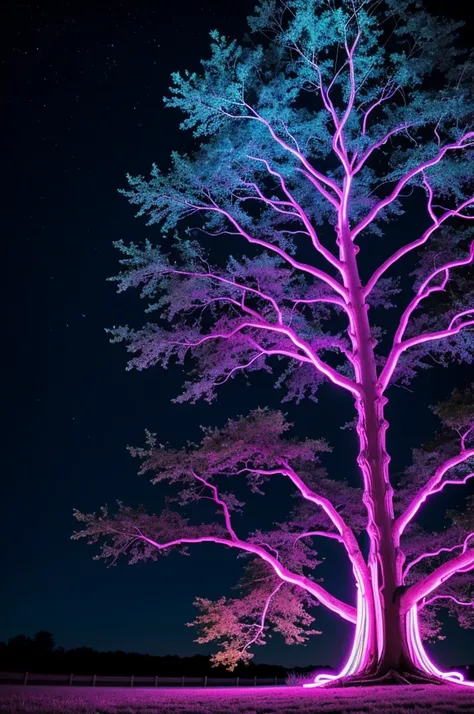 Tree with spiral black trunk and neon sky blue, neon pink, neon yellow, and neon violet leaves