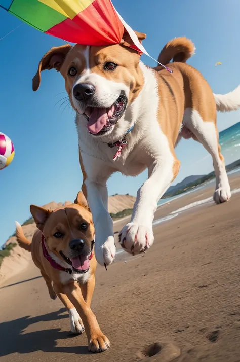 Dog running after a kite on top of a ball 