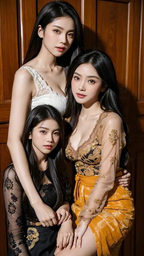 Potrait of 3 wife Indonesian-chinese girl and 1 man husband, Polygamy,long fashion hair, fit body, small cleavage, skintight black lace kebaya, batik skirt, masterpiece, highly detailed, ultra hd, 8k, detailed face, bright eyes, perfect eyes, detailed skin...