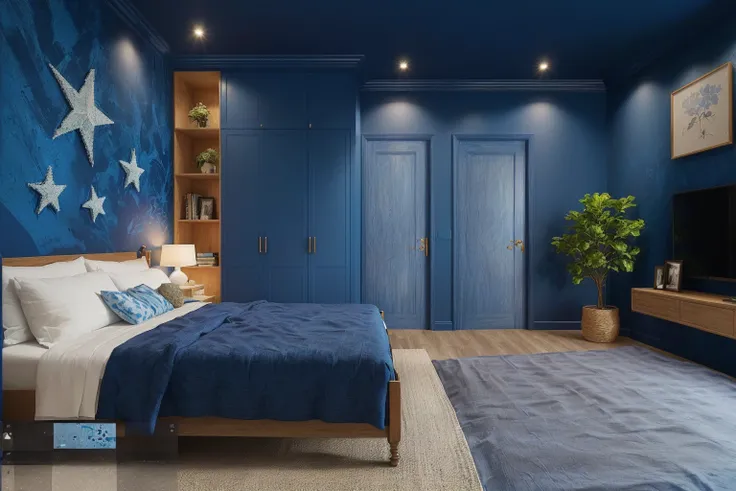 arafed bedroom with blue walls and a bed with a blue comforter, blue walls, blue room, blue colour scheme, bold colored walls, brightly lit blue room, smooth panelling, photorealistic room, blue color scheme, blue accents, blue themed, rich blue colors, bl...