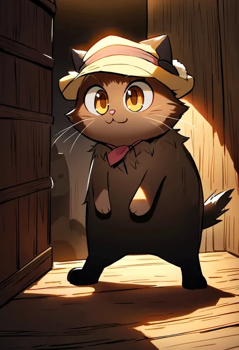 Mike, the detective cat, is peering intently from behind a wooden crate, with sharp, focused eyes. Mikes soft brown fur and detective hat are slightly askew, showing determination and curiosity. The background is a shadowy alley, with the stuffed black cat...