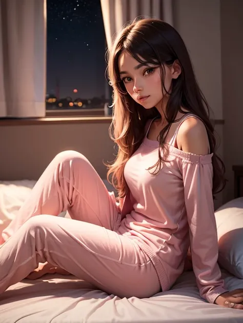 25 year old female, longye hair, neutral expression, traços ocidentais, pink pajamas, lying on her bed, dark bedroom, moonlight shining through the window 