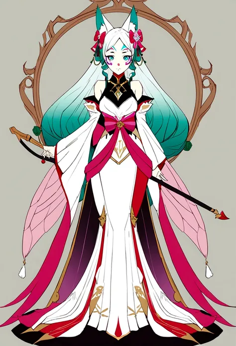 (1 girl), (((solo))), Full body standing painting, (solo), Clear facial features, (fox ear，Cherry blossom hair accessories，Bow knot), Simple line design, (( ukiyo-style, character  design)), A combination of pink and colorful, Zephyr elements, Onmyoji deta...